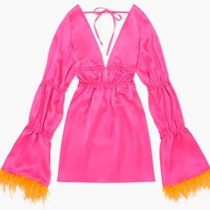 NWOT we wore what TIERED SLEEVE FEATHER SATIN PINK MINI DRESS
